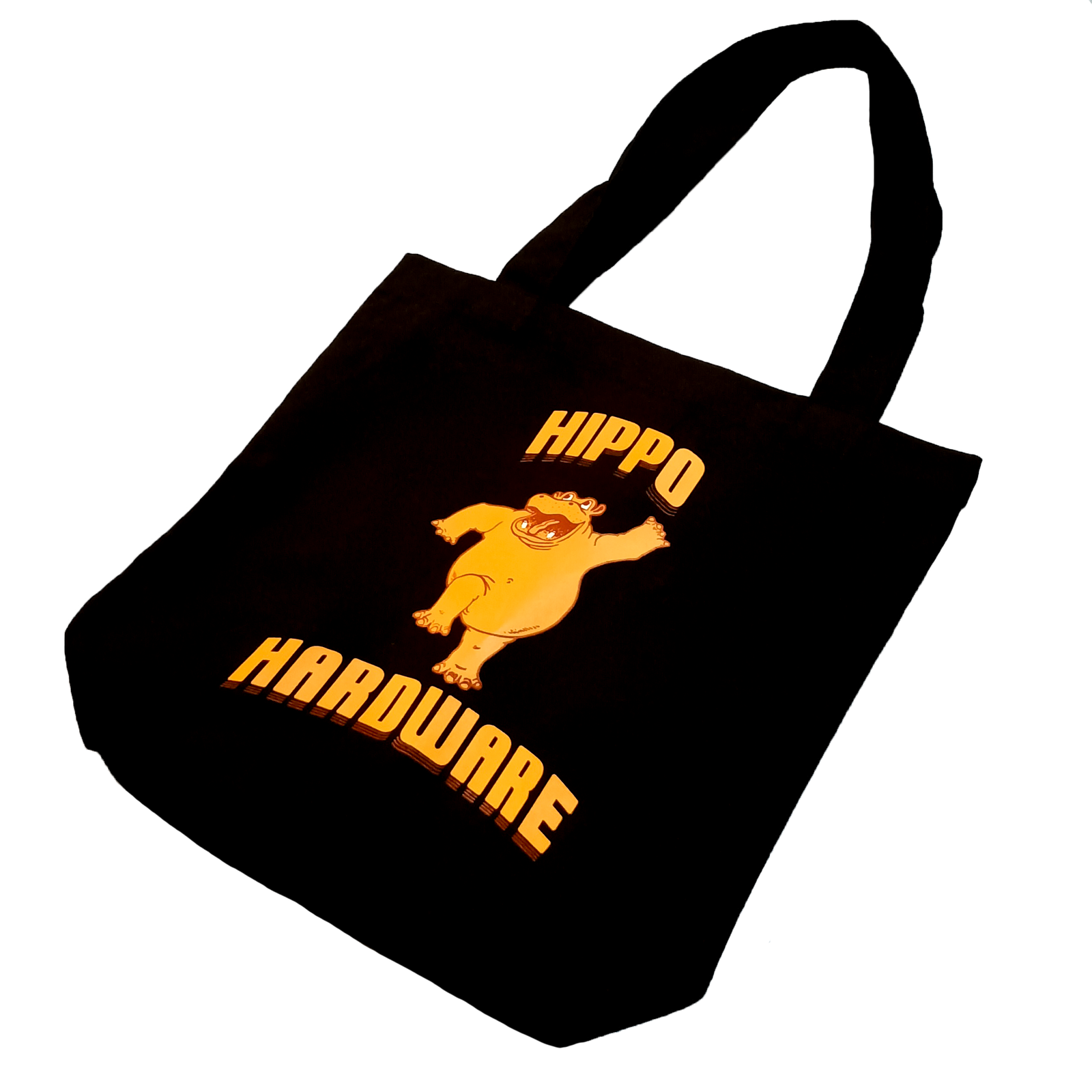 A black tote bag with a printed image of a bright yellow hippo, standing on its hind legs, with the word "Hippo" above it and the word "Hardware" below it