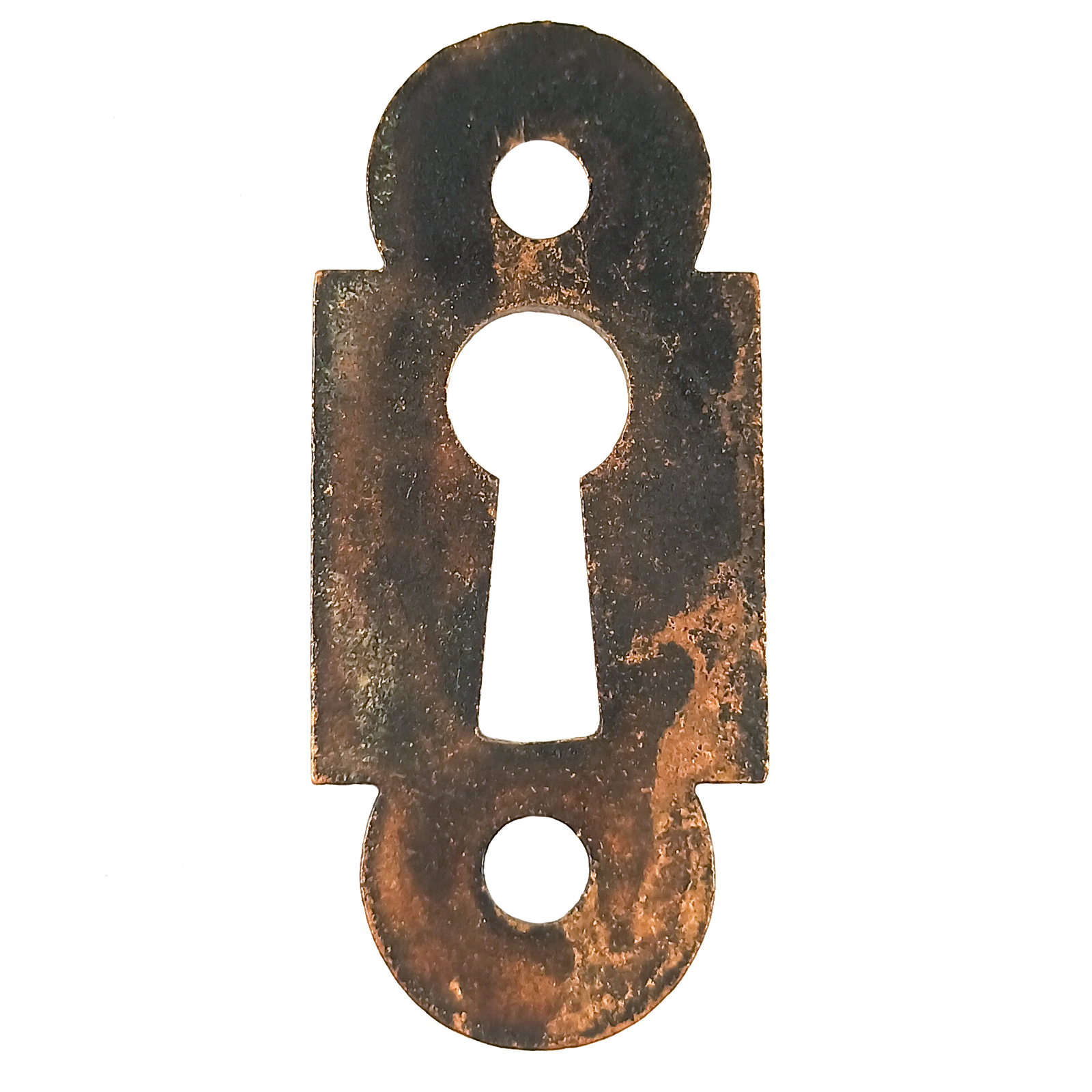An ornate keyhole plate, with geometric details enhanced by a dark patina