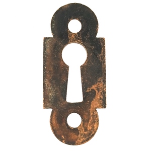 The back of the same keyhole plate, showing some surface wear and a fair bit of patina