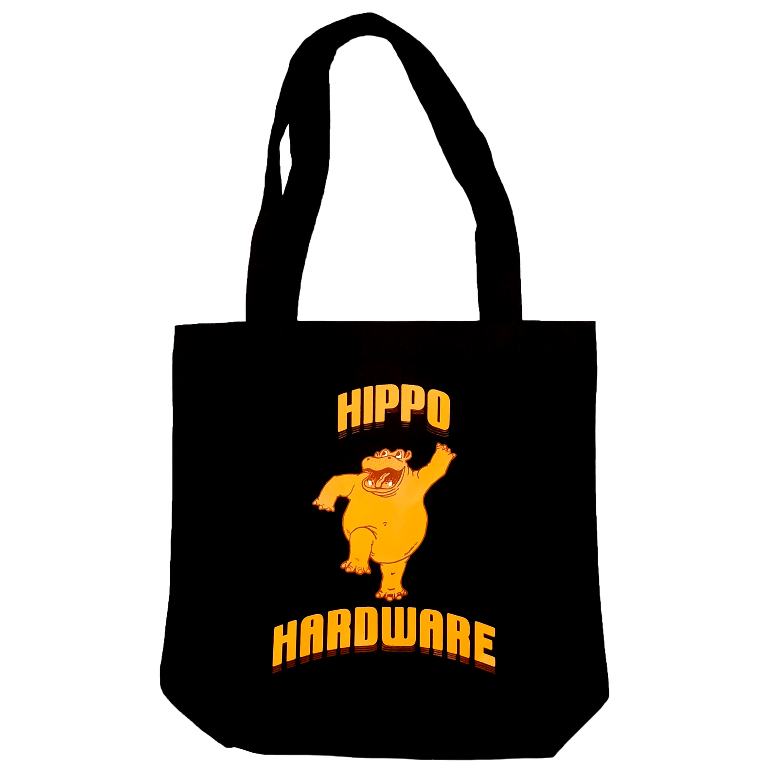 A black tote bag with a printed image of a bright yellow hippo, standing on its hind legs, with the word "Hippo" above it and the word "Hardware" below it