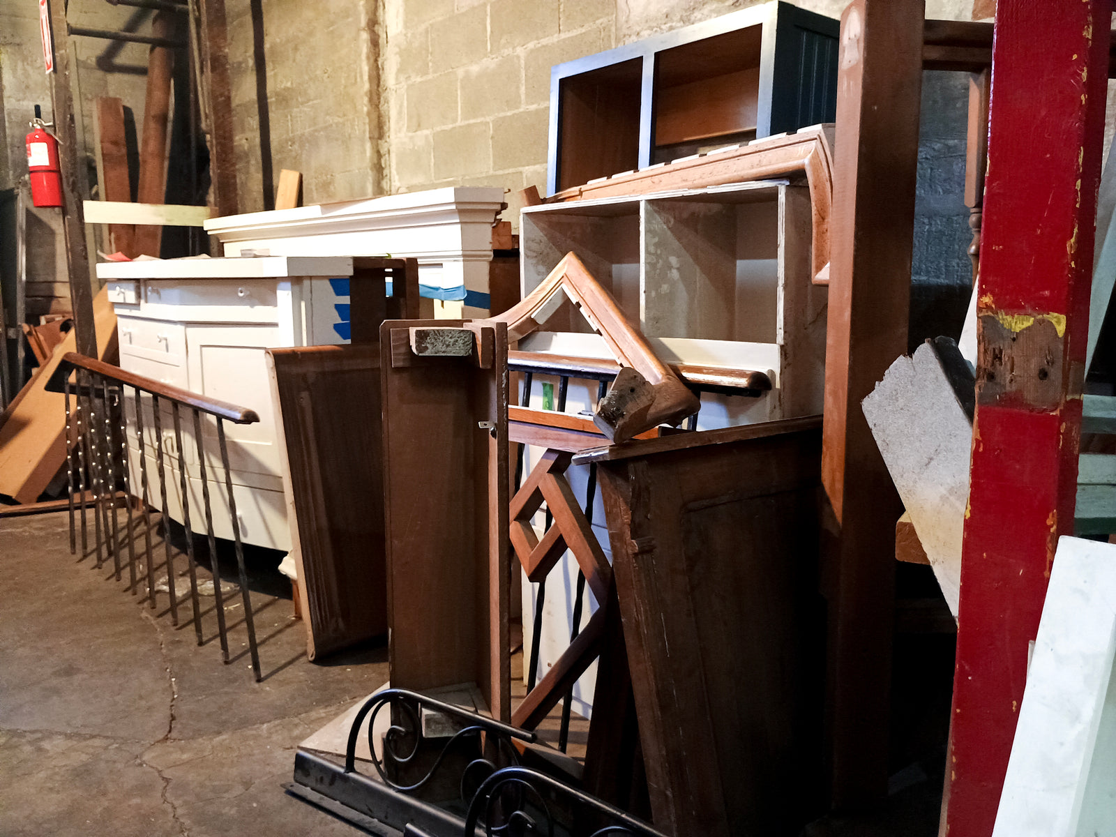 Several furniture parts, railings, and cabinets