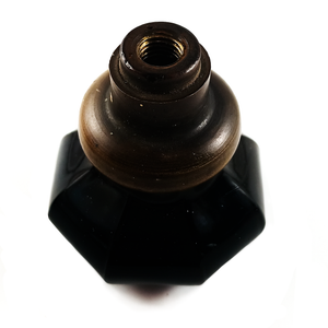 The base and collar of the knob with the loose collar, showing clean threads and a fairly even, clean, dark patina