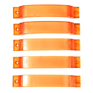 Five bright orange plastic drawer handles in good condition, though with some small dark specks of surface wear/grime.