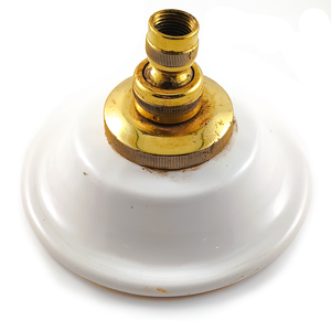 Another view of the bottom of the showerhead, giving a clearer view of some of the surface wear on the brass and staining on the porcelain