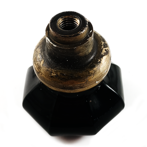 The base and collar of the knob without the loose collar, showing clean threads and some patina and paint flecks
