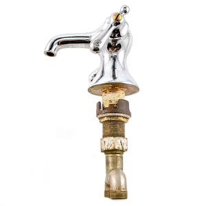 The left side of an antique chrome-plated mixer faucet with moderate surface wear, showing a "C" lever handle