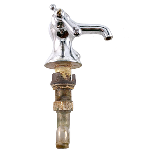The right side of an antique chrome-plated mixer faucet with moderate surface wear, showing a "C" lever handle