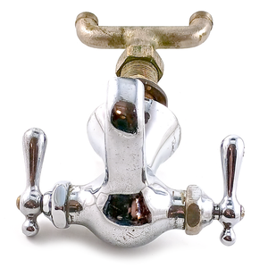 The top of an antique mixer faucet, showing the PAT. PENDING and "Standard" RE-NU stamps near the handles