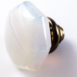 An angled view of the doorknob, showing the nickel-plated base