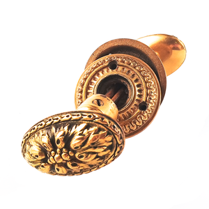 An angled shot of the knob set, showing the rosette pattern more clearly.