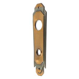 An angled view of a bronze Art Deco escutcheon