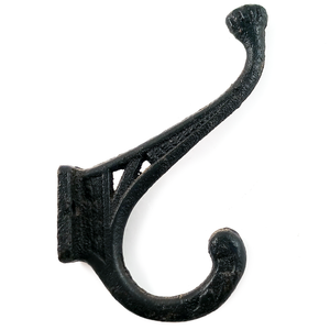 A black two-prong coat hook, with two open triangles in the base of the upper hook, facing right