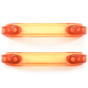 Two bright orange translucent Bakelite drawer handles, with darker orange sections at each end