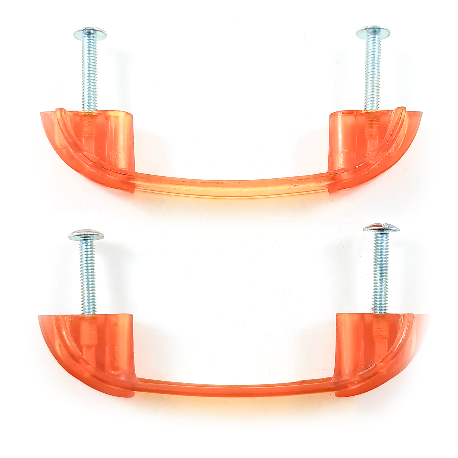Two bright orange translucent Bakelite drawer handles, with darker orange sections at each end
