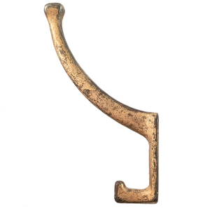 A brass-plated curved metal hook with a squared-off, small bottom hook, facing to the left