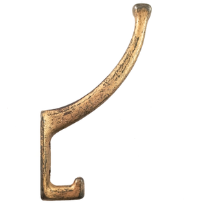 A brass-plated curved metal hook with a squared-off, small bottom hook, facing to the right