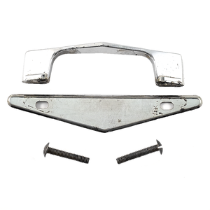A chevron-shaped chrome-plated drawer handle, a triangular back plate for that handle, and two mounting screws