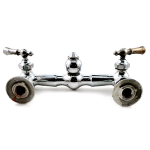 The back mounting ends of a chrome-finish farmhouse Wolverine mixer faucet from the 1930s, with a 5" spout and lever handles