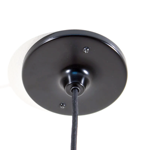 A close-up of the canopy of a hanging black pendant lamp, with two screws