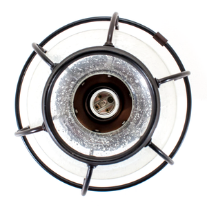 An industrial-style ceiling-mounted light fixture shaped like a lantern, with dark bronze metal and bubbly clear glass, photographed from below with no bulb, showing the empty socket
