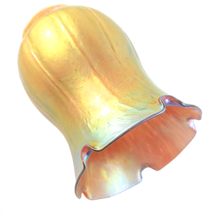 A golden tulip-shaped glass lamp shade with an iridescent finish, showing the rim with purple, blue, and pink iridescence