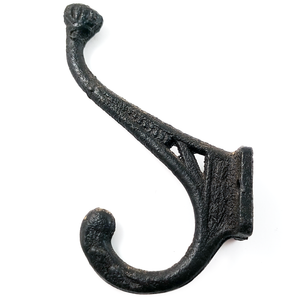 A black two-prong coat hook facing left, with two open triangles in the base of the upper hook