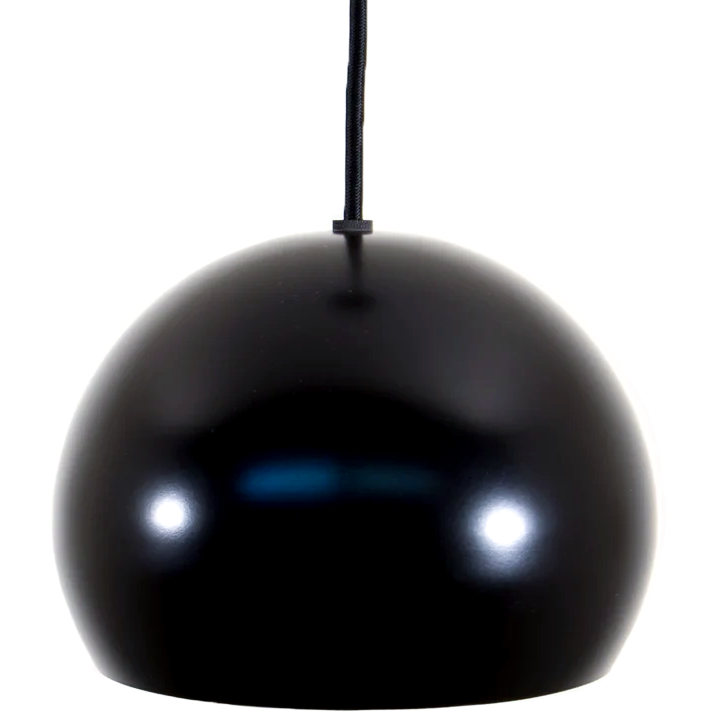A hanging black pendant lamp with a domed shade
