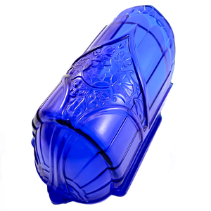 An angled view of a cobalt blue glass slip shade with Art Deco and Art Nouveau influences