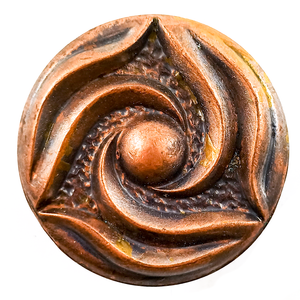 One round copper cabinet knob with a three-pointed swirl design