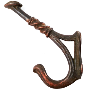 A black double coat hook with copper finished portions, facing to the left.