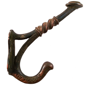 A black double coat hook with copper finished portions, facing to the right.