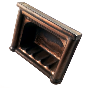 An angled view of a wall-mounted porcelain soap dish, highlighting the shiny copper portions of the glaze
