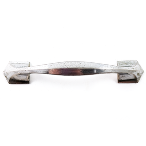 A vintage nickel-plated drawer handle with flared ends