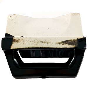 A top-down view of a tile-in, black-glazed porcelain soap dish, with a grab bar protruding from the top and the ridged soap dish visible below it. The portion that goes into the wall protrudes backwards about as far as the grab bar protrudes forwards.