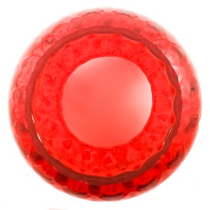 A close-up of the fitter of a bright red glass lamp shade