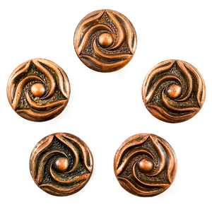 Five round copper cabinet knobs with three-pointed swirl designs, arranged in a circle