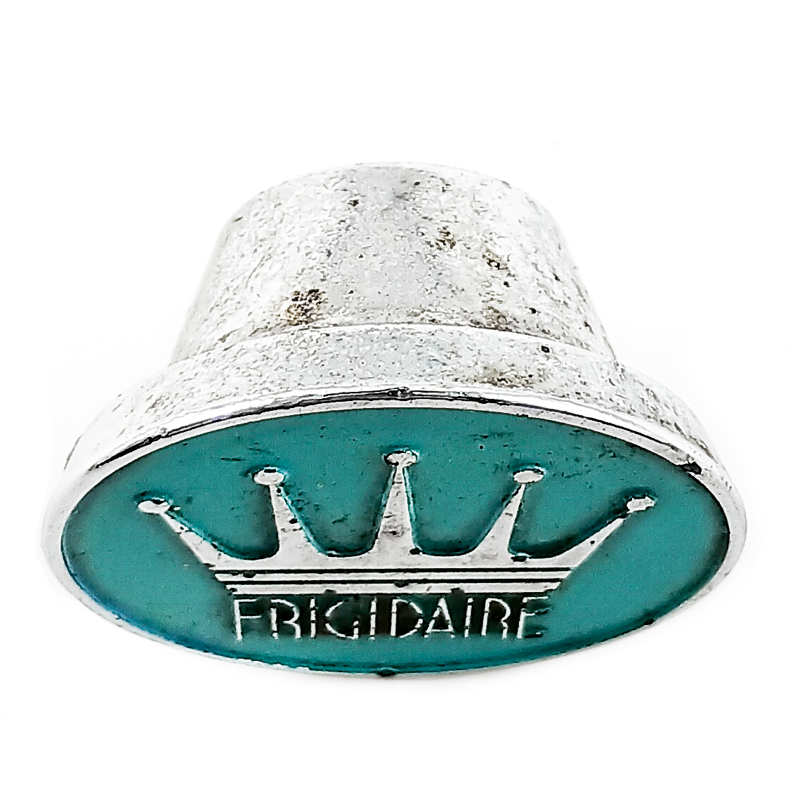 A round turquoise and chrome knob depicting the Frigidaire logo, along with a large five-pointed crown