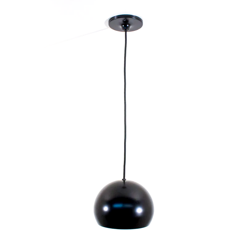 A hanging black pendant lamp with a domed shade