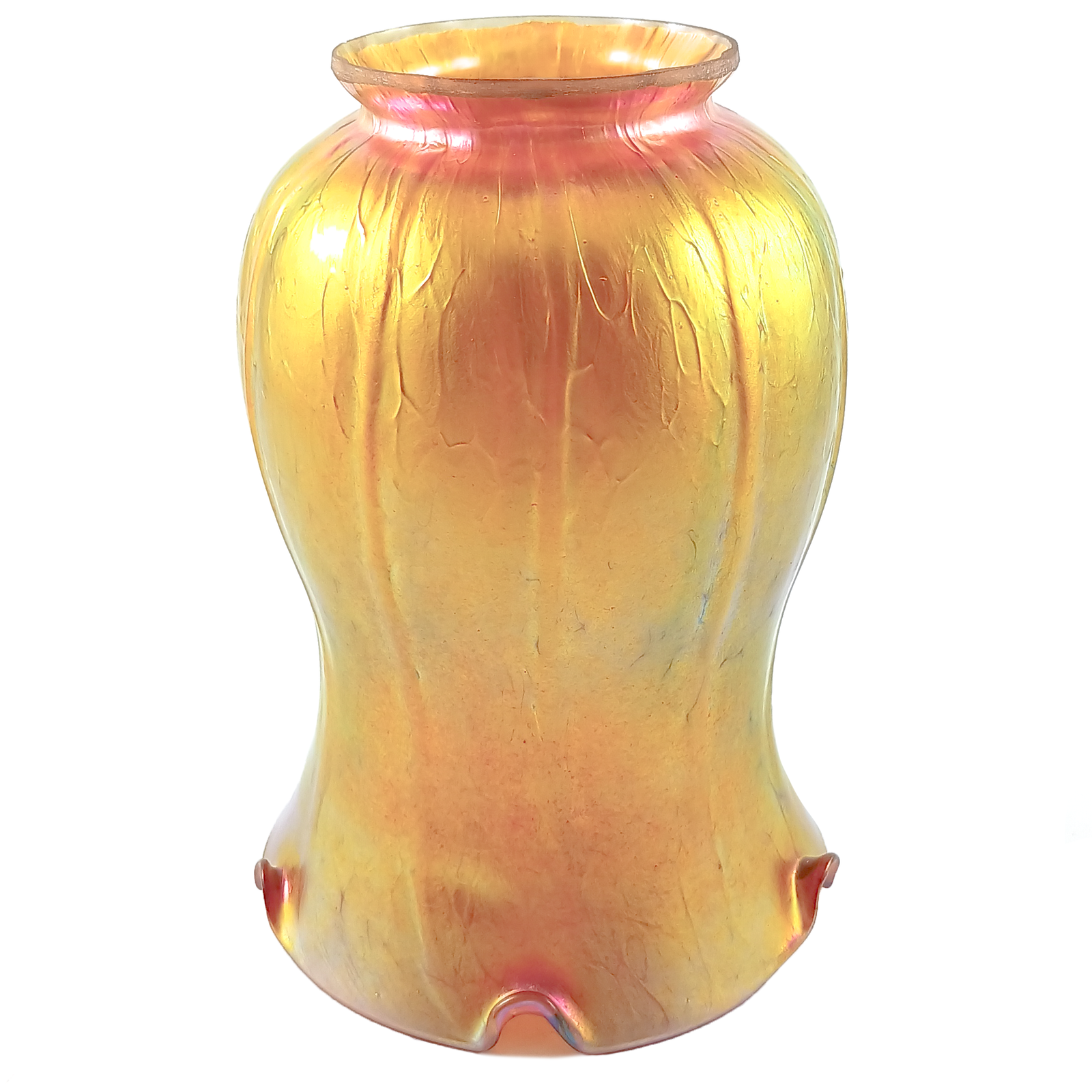 A golden tulip-shaped glass lamp shade with an iridescent finish, showing the rim with purple, blue, and pink iridescence