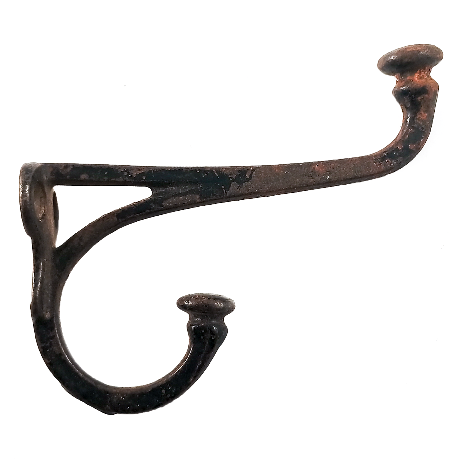 A cast iron double coat hook with acorn ends, some surface rust, and some remaining black enamel coating