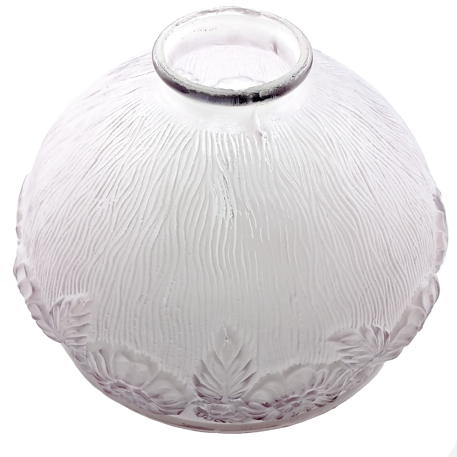 A frosted glass lampshade with a pale purple tint. The shade is bowl-shaped, with a raised floral pattern around the rim and a subtle wavy line pattern covering the space between the flowers and the fitter.