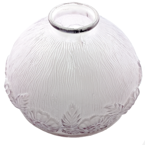A frosted glass lampshade with a pale purple tint. The shade is bowl-shaped, with a raised floral pattern around the rim and a subtle wavy line pattern covering the space between the flowers and the fitter.
