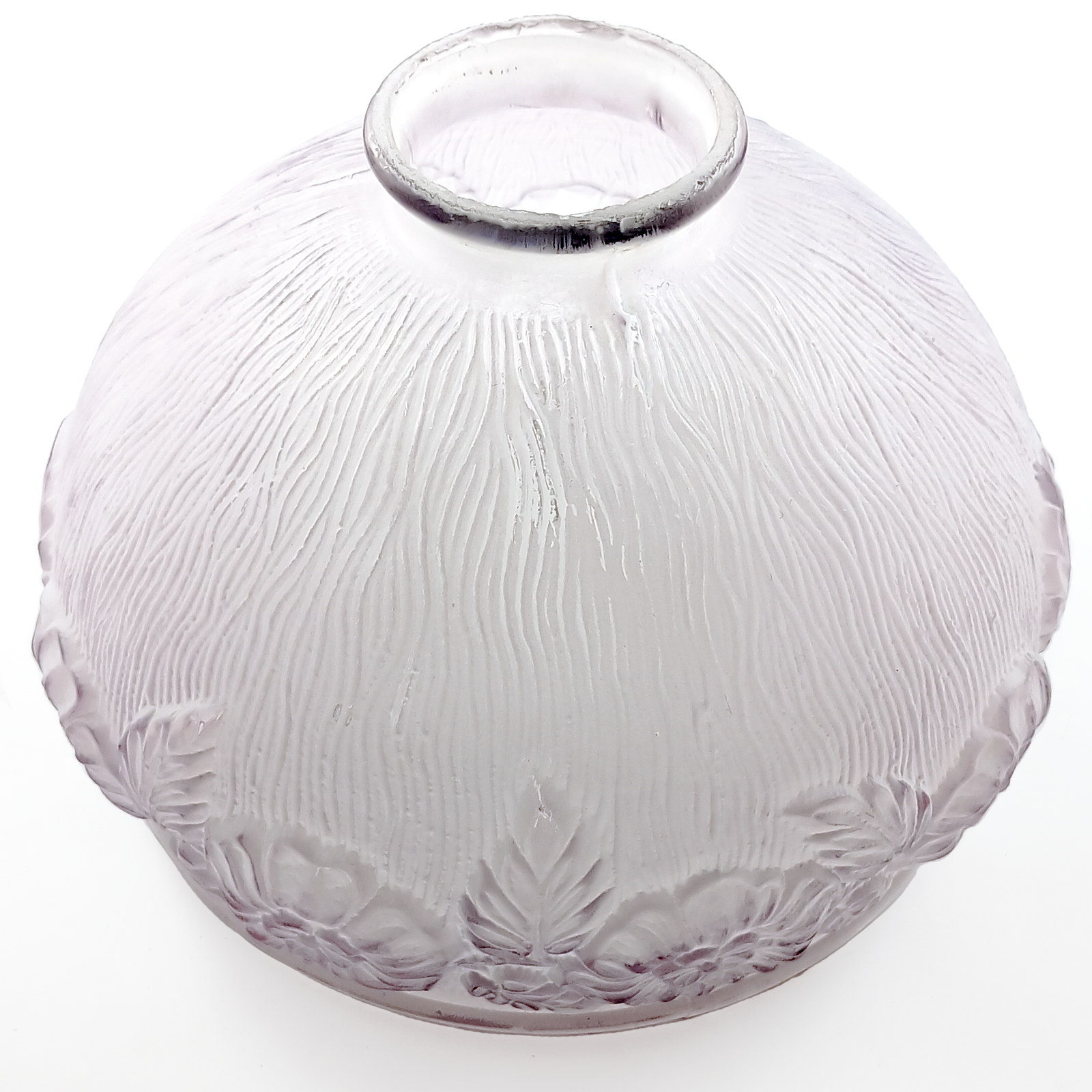 A frosted glass lampshade with a pale purple tint. The shade is bowl-shaped, with a raised floral pattern around the rim and a subtle wavy line pattern covering the space between the flowers and the fitter.
