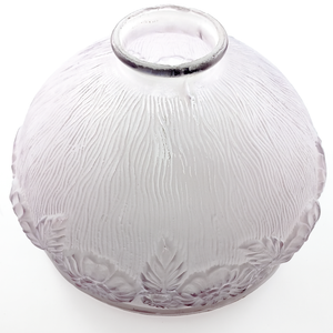 A frosted glass lampshade with a pale purple tint. The shade is bowl-shaped, with a raised floral pattern around the rim and a subtle wavy line pattern covering the space between the flowers and the fitter.