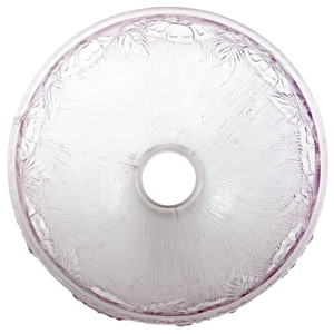 The inside of a frosted, pale purple glass lampshade, with a partly-obscured floral pattern around the rim and craved wavy lines decorating the rest of the shade. the rim appears to be hand-ground.