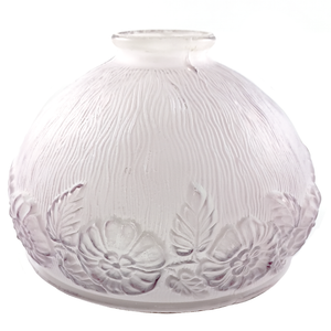 A frosted, pale purple glass lampshade with raised floral pattern in the glass and carved wavy lines decorating the rest of the surface.