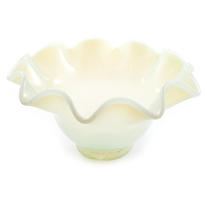 A ruffled lamp shade sitting upright on its base. It is milky off-white in color, with a slight green tint near the base. Tool marks are visible on the insides of the ruffles.