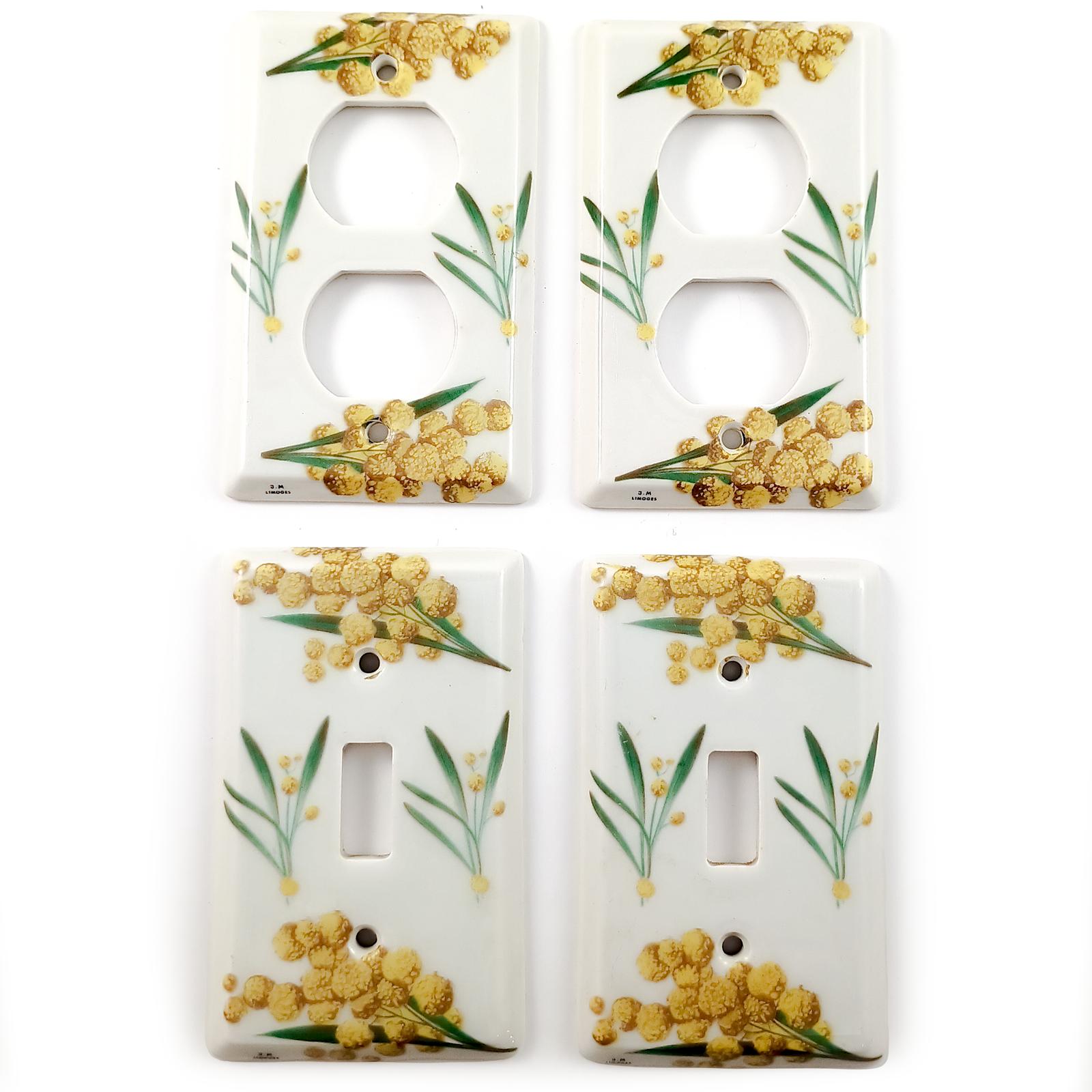 Six porcelain light switch plates and double outlet covers, three of each. They are decorated in a variety of floral motifs.