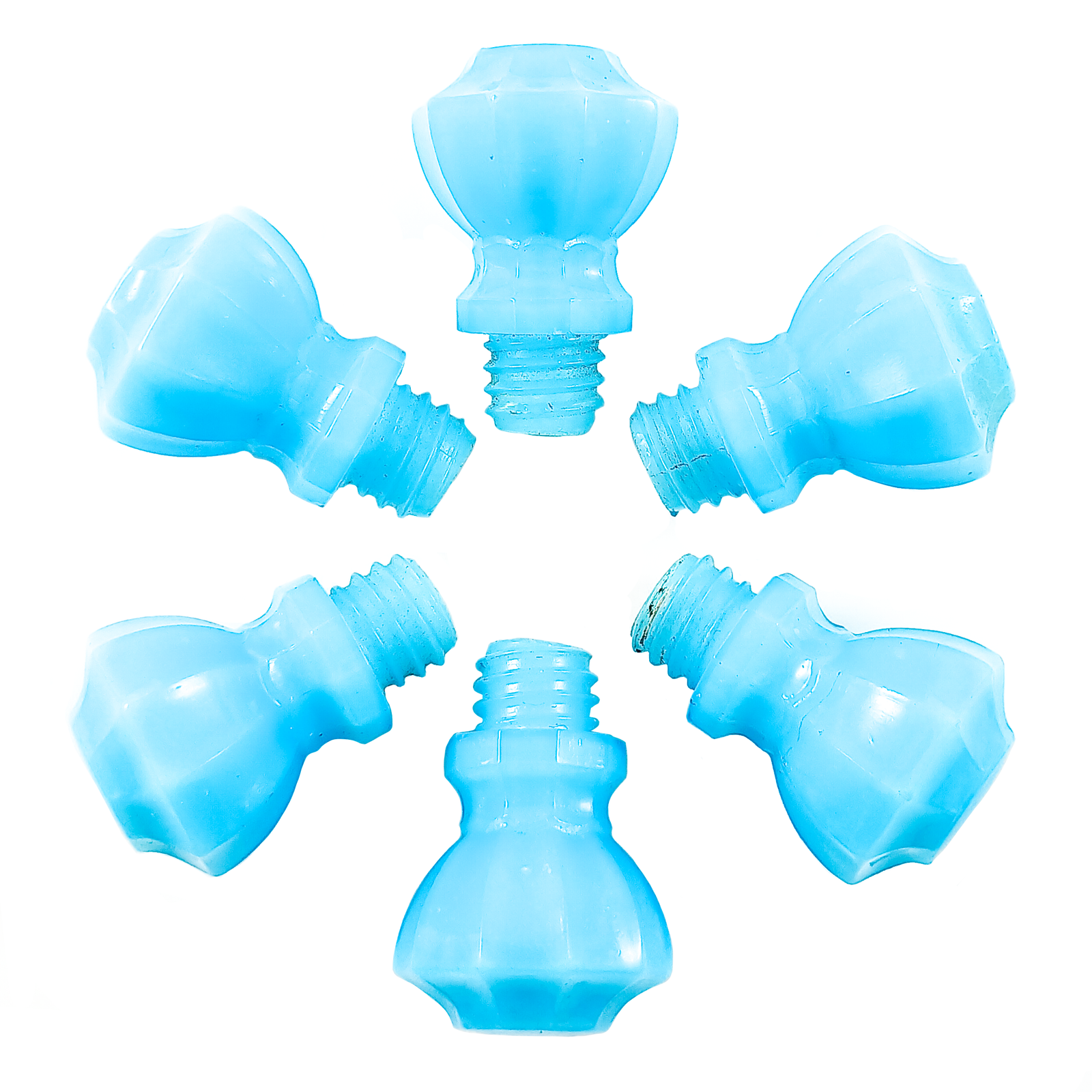 Six fluted light blue glass knobs arranged in a circle, with screw-threaded bases pointing towards the middle