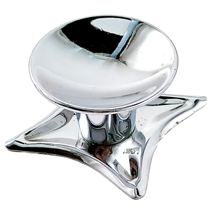 One round, shiny chrome-plated knob with a four-pointed star-shaped back plate, photographed from an angle